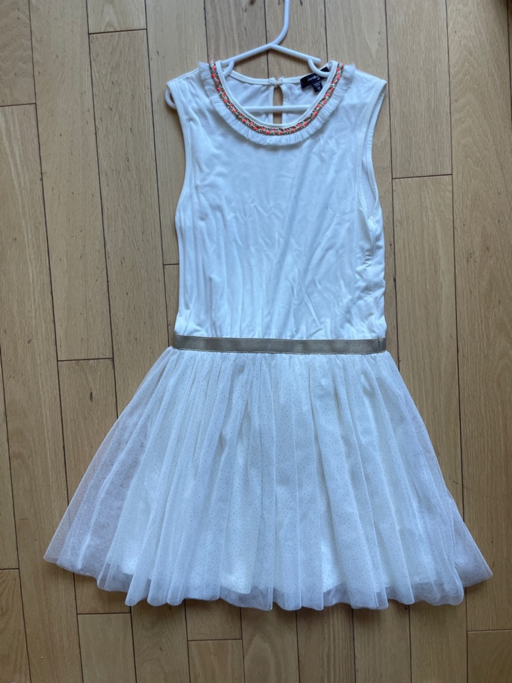 Imoga White Dress with Gold Waistband, tulle with gold sparkles and braided neck